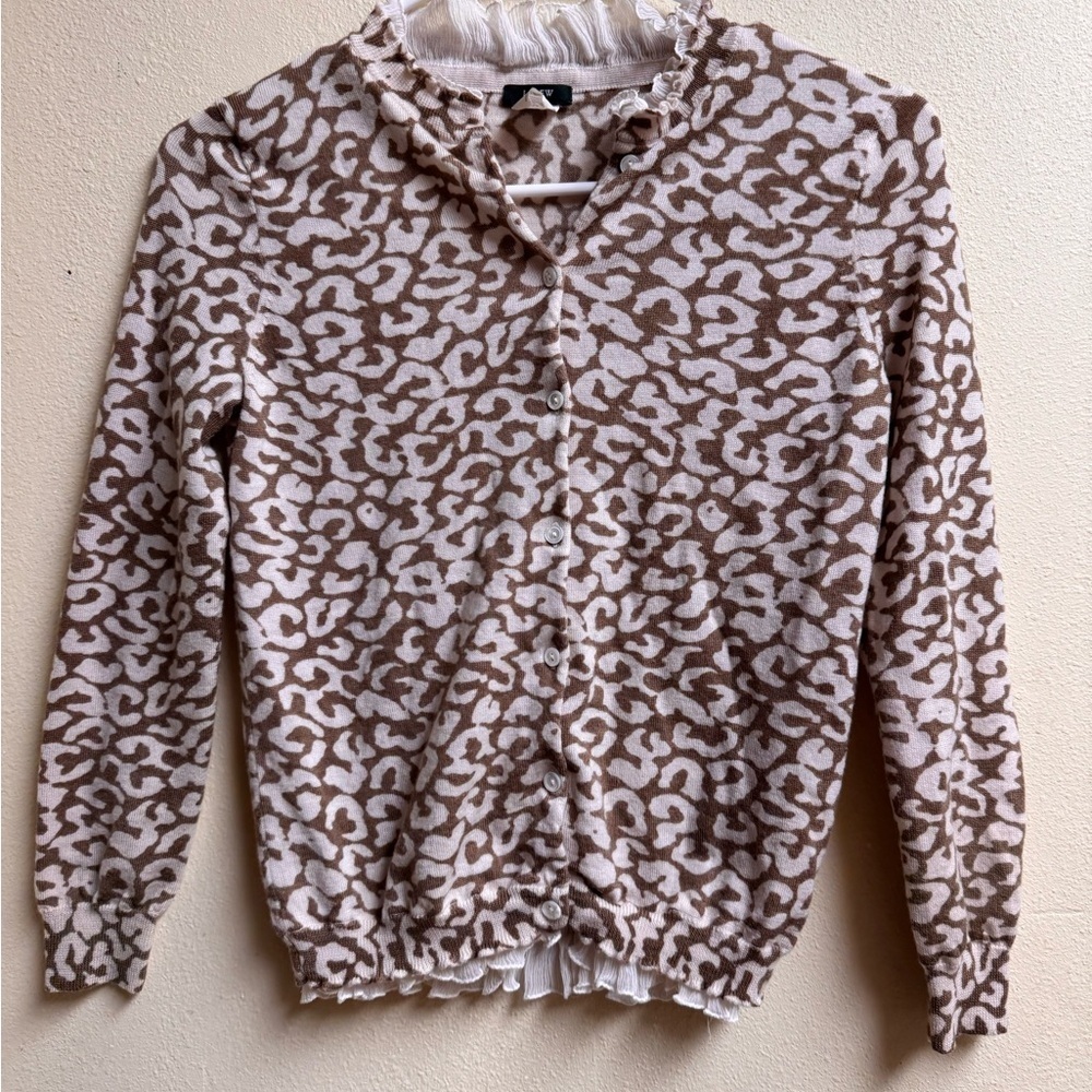 J.Crew XS Button-Up Cardigan Sweater – Ruffle Trim – Leopard Print – Wool Blend